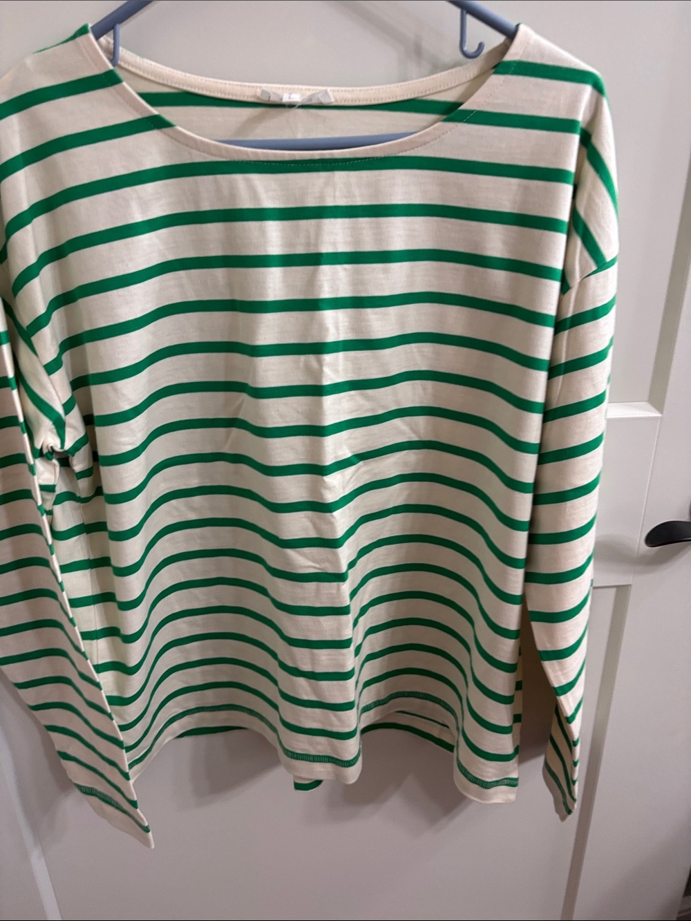 Maurices Cream & Green Striped Long Sleeve Tee - Boat Neck